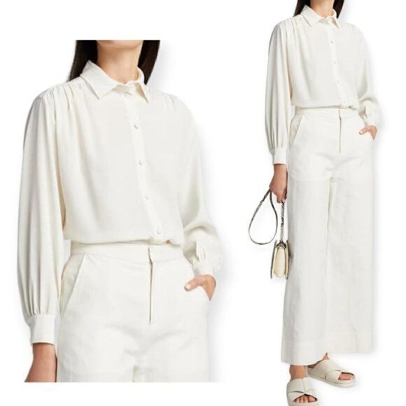 NWT CO. Ruched‎ Button Up Blouse in Japanese Stretch Crepe, Ivory, Size M - Picture 1 of 15